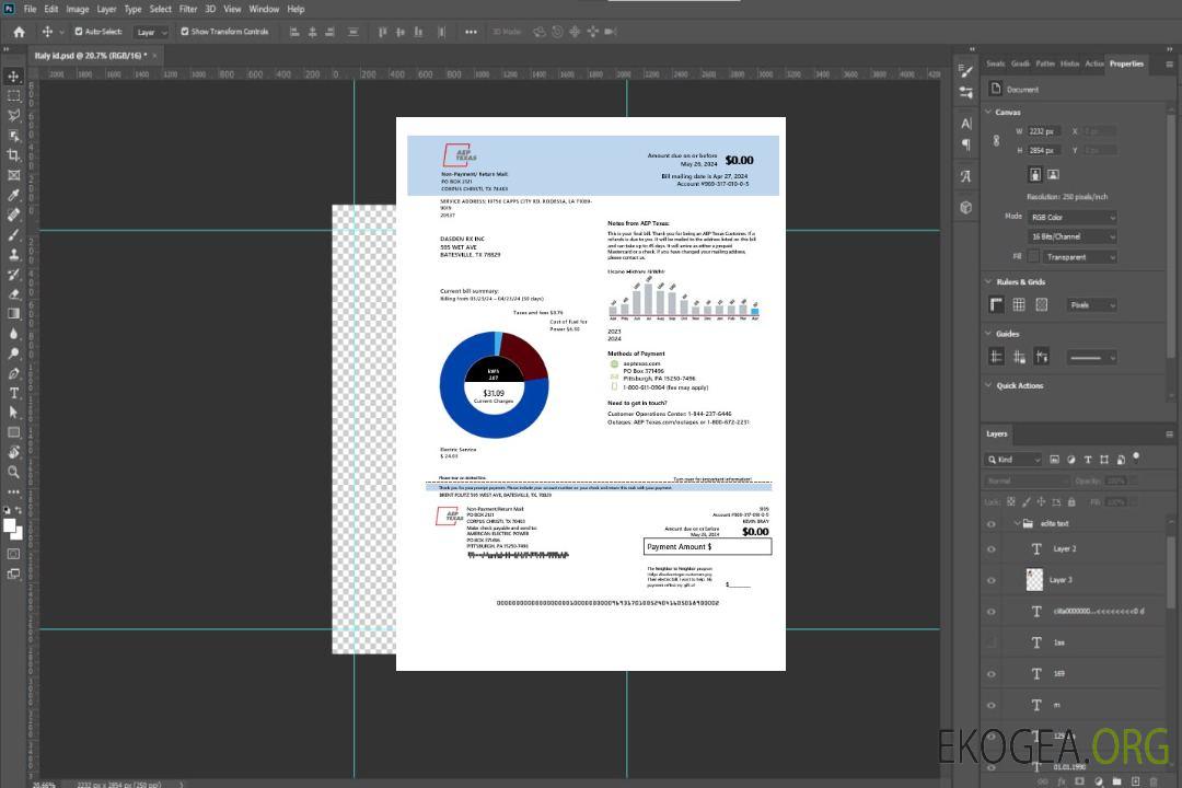 Modèle de facture de services publics d'électricité des États-Unis AEP Texas aux formats Word et PDF template